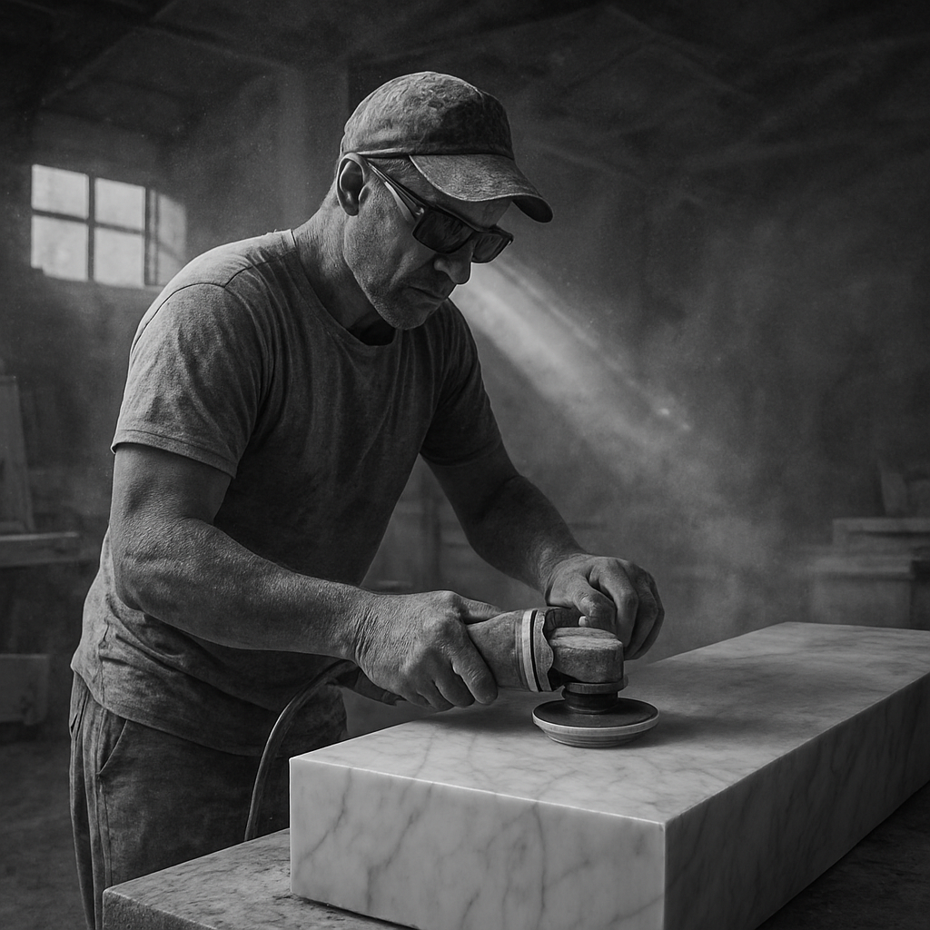 Craftsman sculpting and polishing a marble slab in the Marvoria workshop